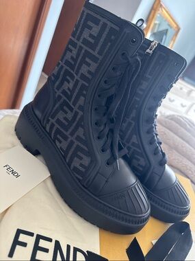 Fendi Black FF Jacquard Lace-Up Combat Boots